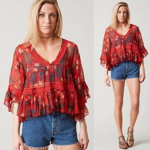 FREE PEOPLE red floral Bright Lights ruffle top M
